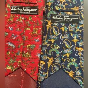 Set of Vintage Salvatore Ferragamo Red and Navy Pattern Ties Excellent Condition